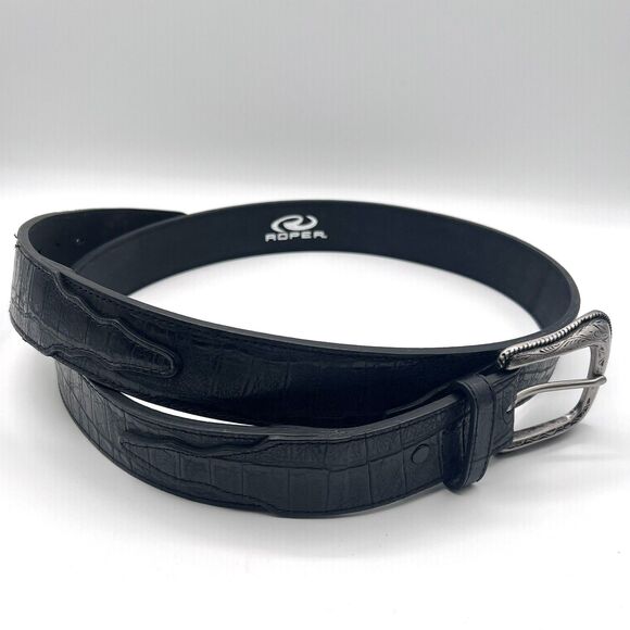 Croc Embossed Black Leather Belt by Roper  Removable Engraved Buckle Western 46 - Picture 3 of 10
